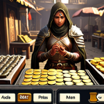 **

A bustling marketplace scene within a mobile game. A player character, designed in a heroic style but with slightly worn armor, carefully examines various weapons and equipment displayed by vendors. Gold coins are visibly being counted in the player's inventory display. The focus is on the player character making a thoughtful decision, weighing stats and prices, rather than impulsively buying the shiniest item.  A subtle Hindi text overlay could read "सोच-समझकर खर्च करें" (Soch-samajhkar kharch karen - Spend wisely). The overall tone should be bright and inviting, but with a hint of strategy.

**
