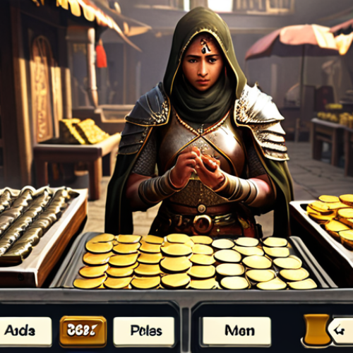 **

A bustling marketplace scene within a mobile game. A player character, designed in a heroic style but with slightly worn armor, carefully examines various weapons and equipment displayed by vendors. Gold coins are visibly being counted in the player's inventory display. The focus is on the player character making a thoughtful decision, weighing stats and prices, rather than impulsively buying the shiniest item.  A subtle Hindi text overlay could read "सोच-समझकर खर्च करें" (Soch-samajhkar kharch karen - Spend wisely). The overall tone should be bright and inviting, but with a hint of strategy.

**