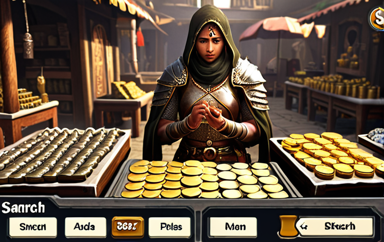 **
A bustling marketplace scene within a mobile game. A player character, designed in a heroic style but with slightly worn armor, carefully examines various weapons and equipment displayed by vendors. Gold coins are visibly being counted in the player's inventory display. The focus is on the player character making a thoughtful decision, weighing stats and prices, rather than impulsively buying the shiniest item. A subtle Hindi text overlay could read "सोच-समझकर खर्च करें" (Soch-samajhkar kharch karen - Spend wisely). The overall tone should be bright and inviting, but with a hint of strategy.
**