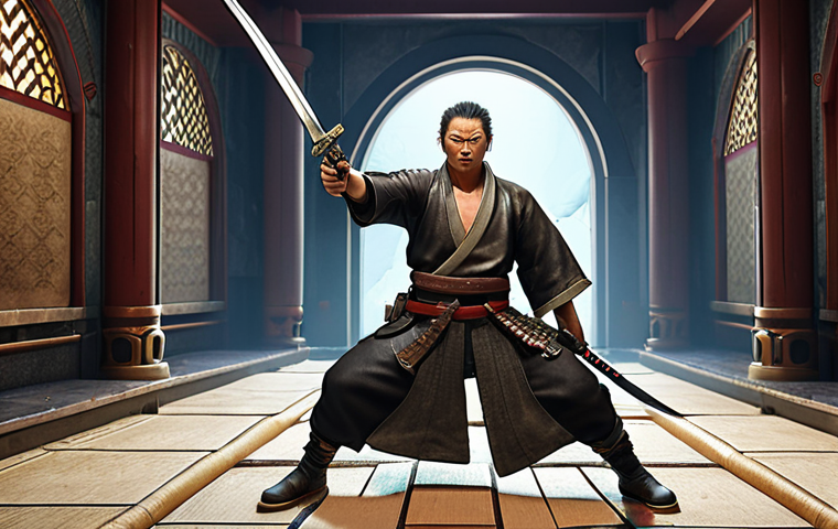 **
A Tang Tang Specialgang character triumphantly holding a katana or revolver after defeating a wave of enemies in a Special Stage. The background should showcase a challenging stage layout with both open areas and narrow corridors. Focus on a sense of power and strategic weapon choice.
**